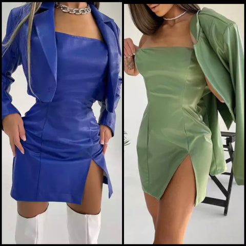 Women Solid Color Fashion Faux Leather Jacket Dress Set