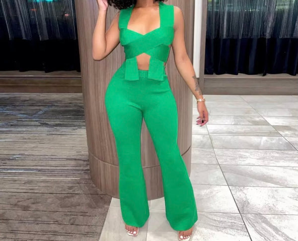 Women Green Sexy Sleeveless Two Piece Pant Set