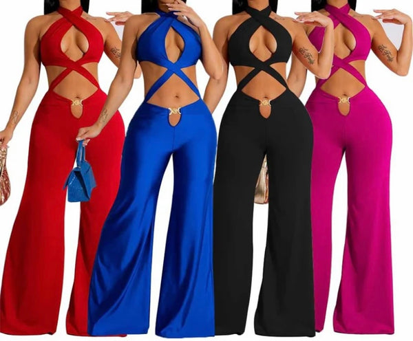 Women Sexy Sleeveless Criss Cross Halter Cut Out Jumpsuit