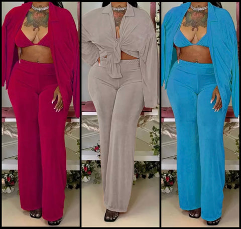 Women Fashion Sexy Velour Three Piece Pant Set