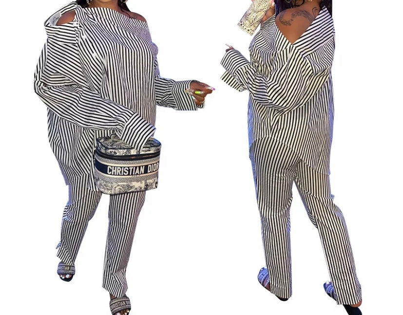 Women Fashion Full Sleeve Striped Two Piece Pant Set