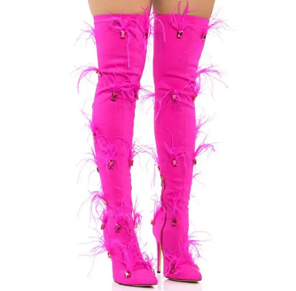 Women Fashion Pink Feather Gem Over The Knee Boots