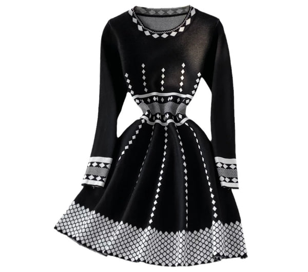 Women Full Sleeve Black & White Dress