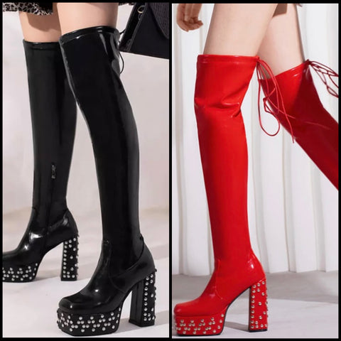 Women Fashion PU Rivet Platform Over The Knee Boots