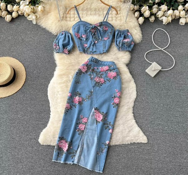 Women Fashion Sleeveless Floral Denim Two Piece Maxi Skirt Set