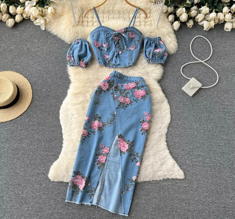 Women Fashion Sleeveless Floral Denim Two Piece Maxi Skirt Set