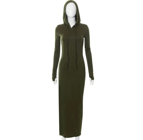 Women Fashion Hooded Side Zipper Full Sleeve Maxi Dress