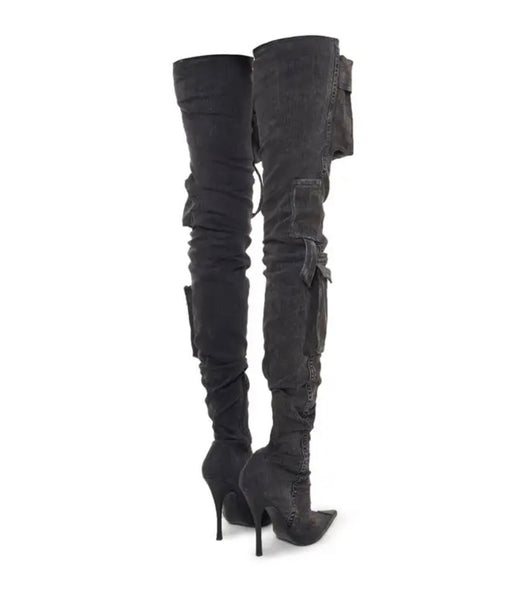 Women Pocket Over The Knee Denim Fashion Boots