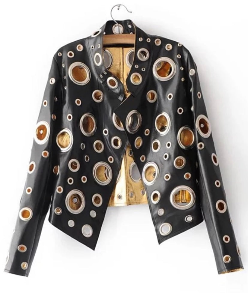 Women Leather Fashion Metallic Hollow Out Jacket