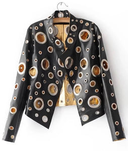 Women Leather Fashion Metallic Hollow Out Jacket