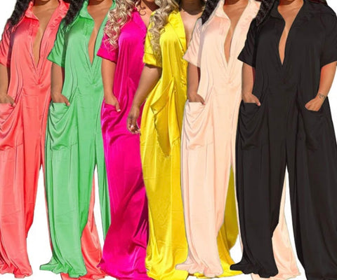 Women Sexy Short Sleeve Wide Leg Solid Color Jumpsuit