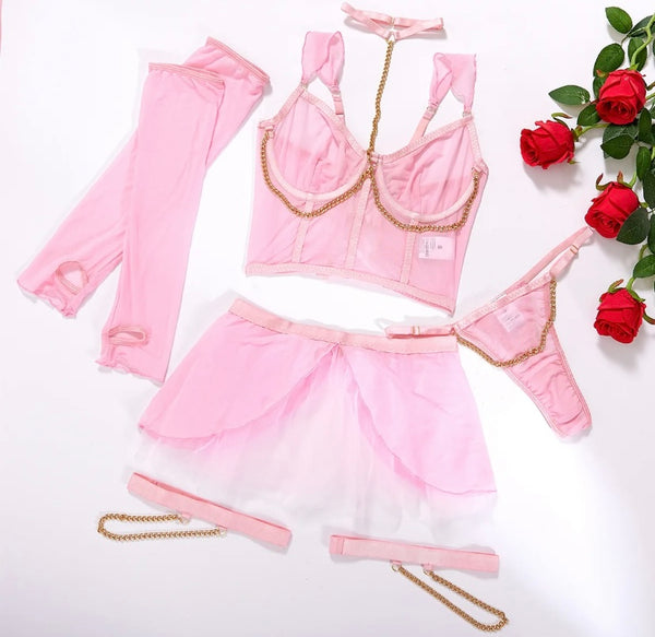 Women Pink Mesh Chain Glove Lingerie Set