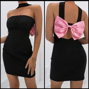 Women Black Sexy Back Pink Bow Dress