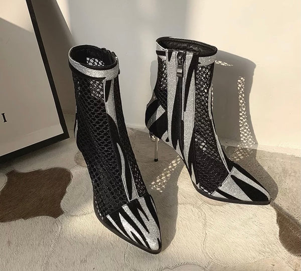 Women Printed Mesh Fashion High Heel Ankle Boots