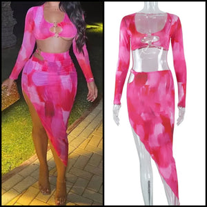 Women Sexy Pink Tie Dye Long Sleeve Two Piece Skirt Set