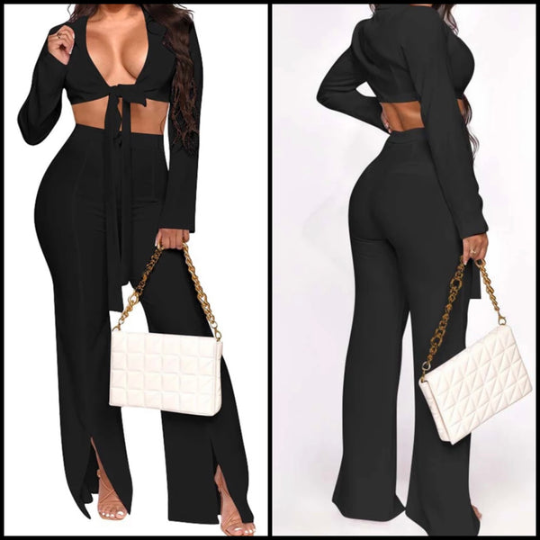 Women Sexy Tie Up Full Sleeve Crop Two Piece Pant Set