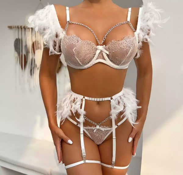 Women Sexy Chain Feather Lingerie Set