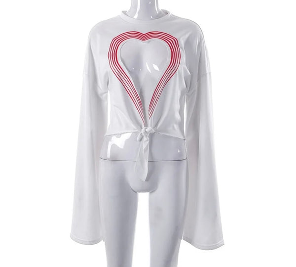 Women Fashion Full Sleeve Heart Hollow Out Tie Up Top