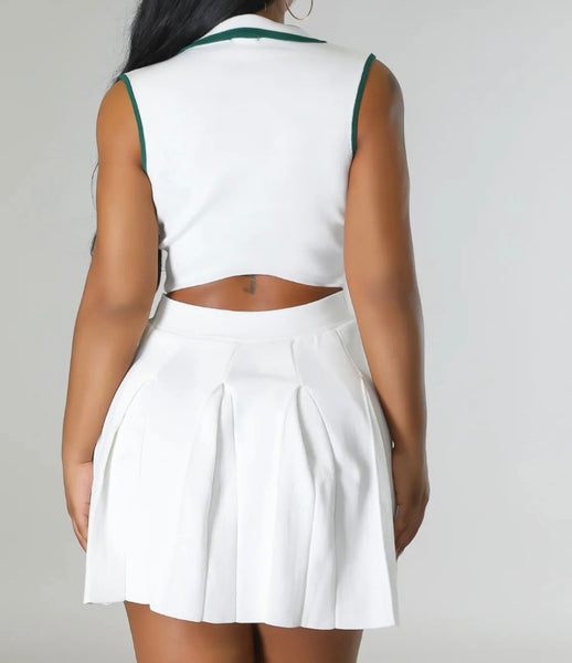 Women Collar Sleeveless Crop Two Piece Pleated Skirt Set