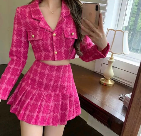 Women Sexy Pink Button Up Blazer Two Piece Skirt Set