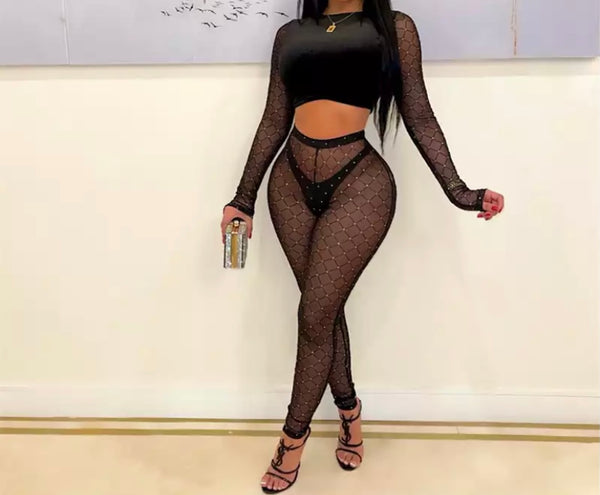 Women Sexy Black Velour Mesh Two Piece Pant Set