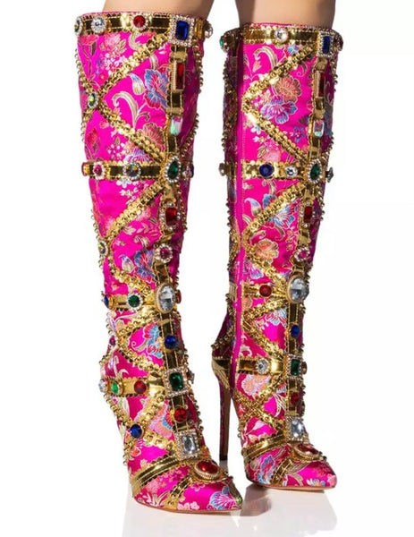 Women Fashion Multicolored Gem Knee High Boots