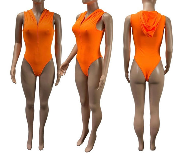 Women Orange Hooded Sexy Sleeveless Bodysuit Top