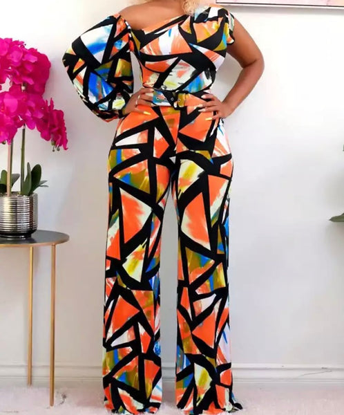 Women Multicolored Print One Shoulder Wide Leg Jumpsuit