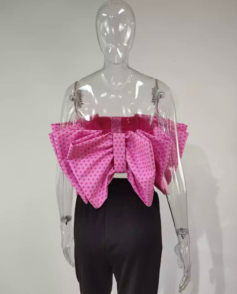 Women Sexy Strapless Pink Bow Top
