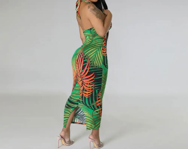 Women Sexy Printed Sleeveless Open Back Maxi Dress