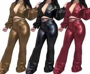Women Fashion PU Full Sleeve Lace Up Crop Two Piece Pant Set