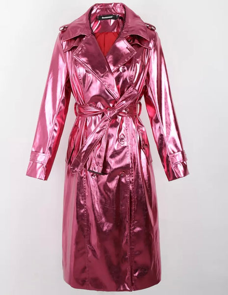 Women Fashion Metallic Button Up Trench Jacket