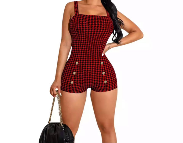 Women Checkered Button Sleeveless Sexy Romper