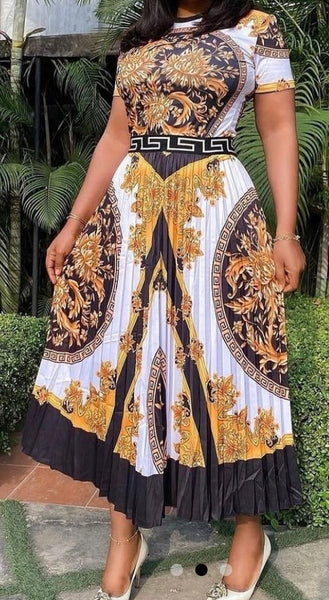 Women Printed Fashion Short Sleeve Two Piece Pleated Maxi Skirt Set