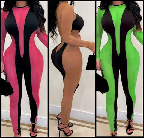 Women Sexy Color Mesh Patchwork Full Sleeve Jumpsuit