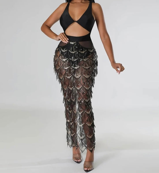 Women Sexy Halter Mesh Bling Tassel Maxi Dress