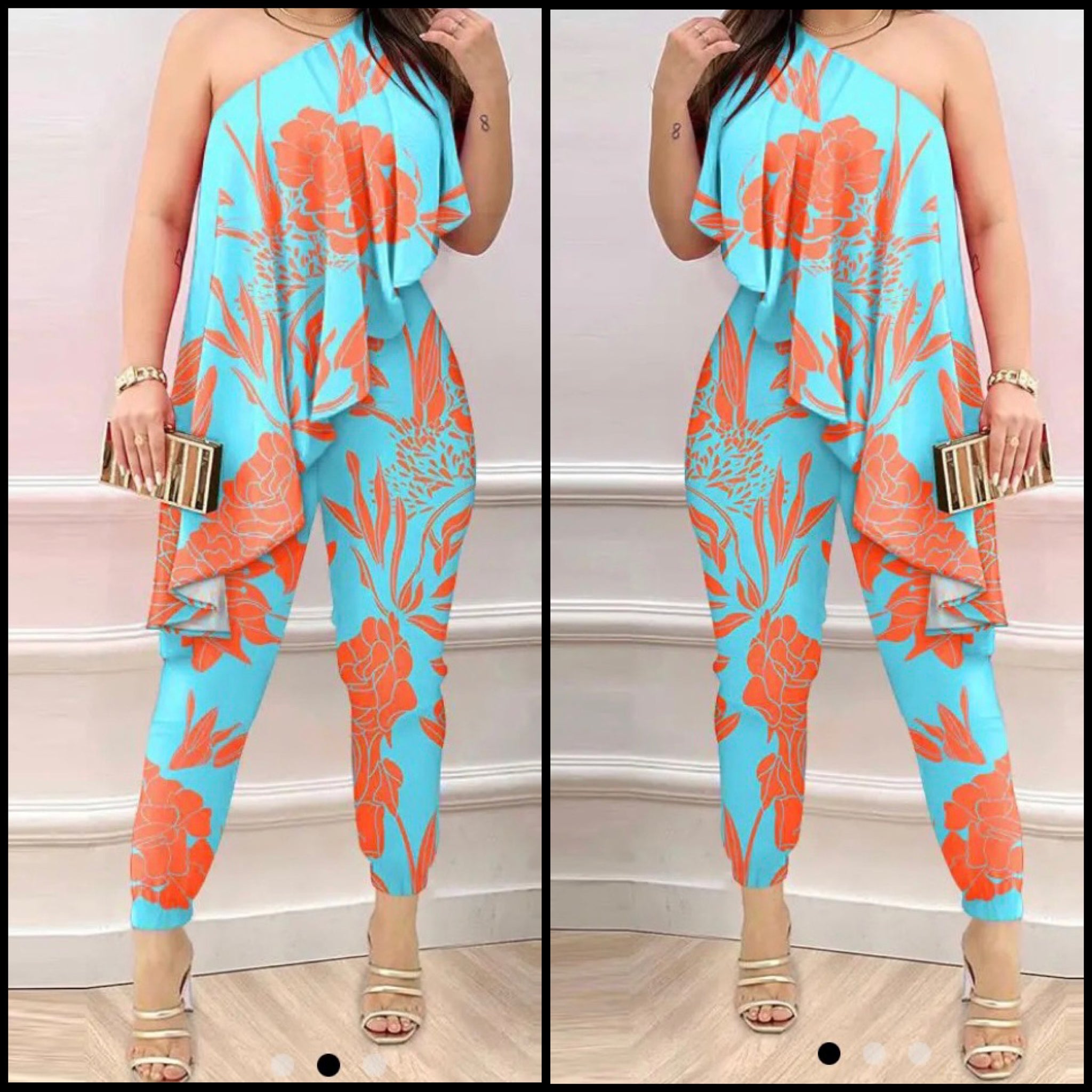 Women One Shoulder Printed Sexy Two Piece Pant Set