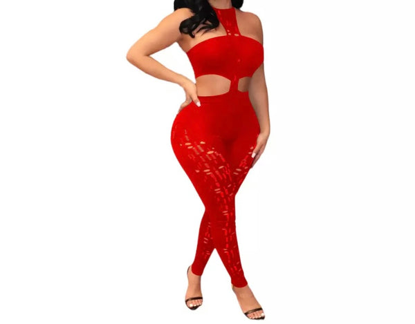 Women Sexy Hollow Out Solid Color Halter Strapless Jumpsuit
