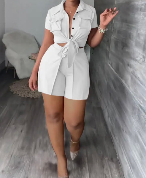 Women Button Up Solid Color Short Sleeve Two Piece Short Set