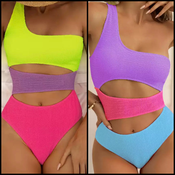 Women One Shoulder Color Patchwork Fashion Swimsuit