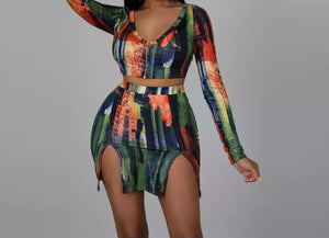 Women Sexy Multicolored Two Piece Crop Skirt Set