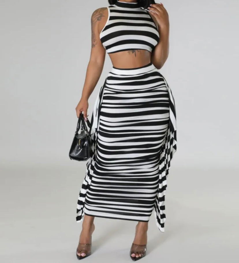 Women Sexy Striped Short Sleeve Crop Two Piece Maxi Skirt Set