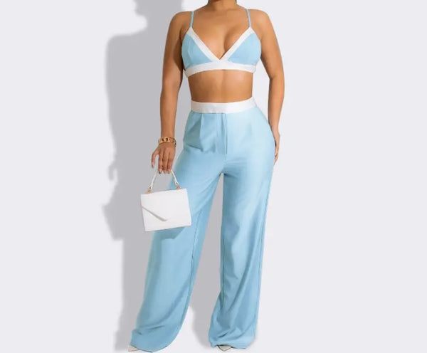 Women Sexy Sleeveless Color Patchwork Two Piece Pant Set