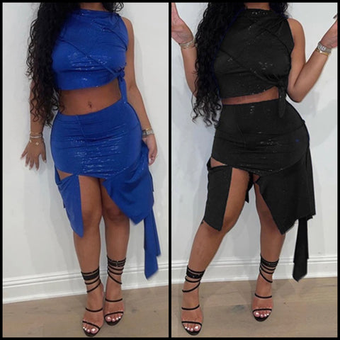 Women Sexy Sparkle Sleeveless Crop Two Piece Asymmetrical Skirt Set