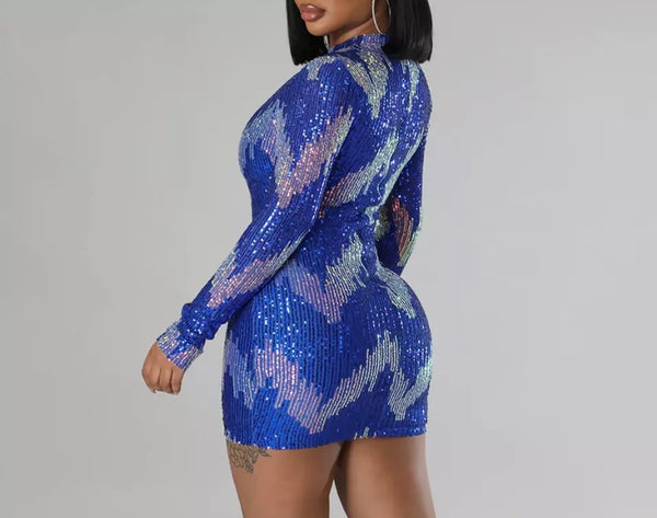 Women Sexy Blue Sequins Full Sleeve Dress