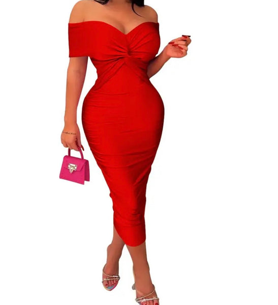 Women Sexy Ruched Off The Shoulder Short Sleeve Long Dress