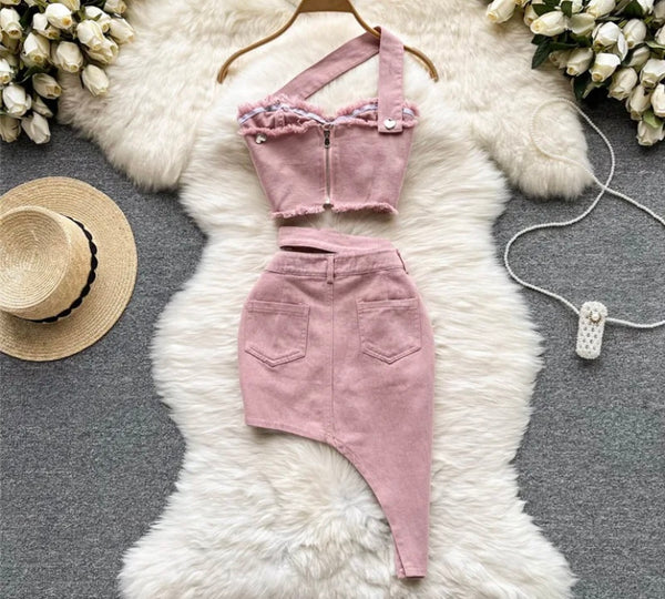 Women Sexy Pink One Shoulder Crop Two Piece Skirt Set