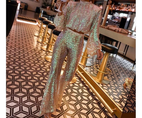 Women Sequins Full Sleeve Crop Fashion Two Piece Pant Set