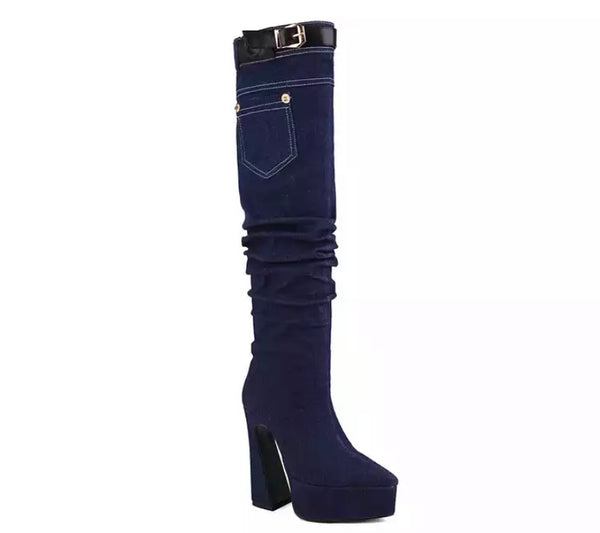 Women Fashion Buckled Denim Platform Pocket Knee High Boots