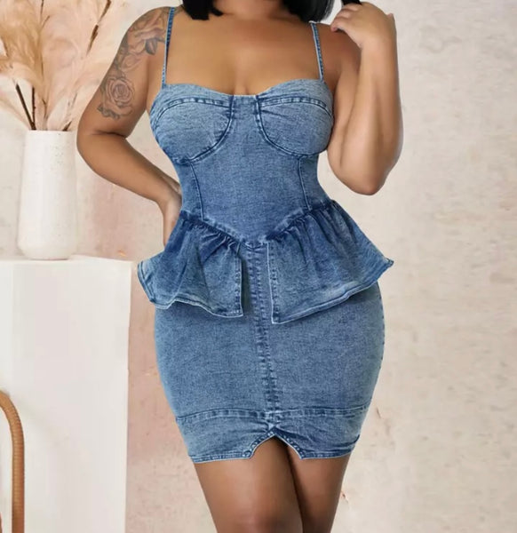 Women Sleeveless Ruffled Fashion Denim Dress